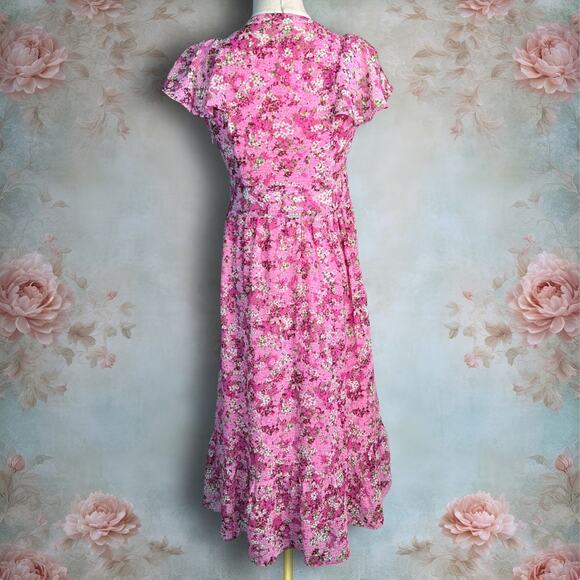 MICHAEL Michael Kors Pink Enchanted Blooms Floral V Neck Cap Sleeve Midi Dress - Picture 3 of 5